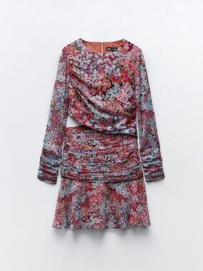 Zara Floral Long-Sleeve Ruched Mini Dress - Pink Multi